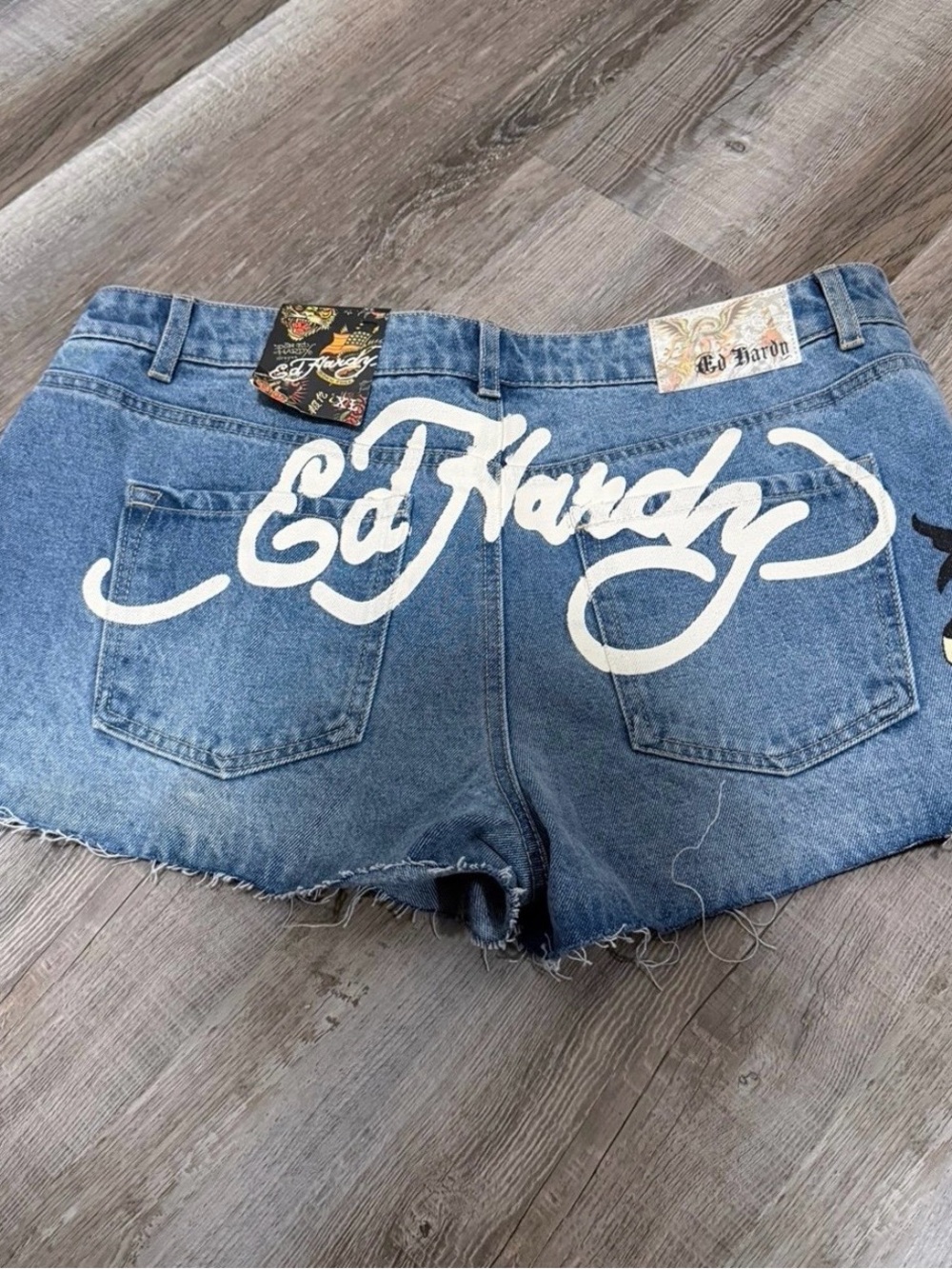 NWT Ed Hardy Denim Shorts Love Eternal Tattoo Graphic Y2K Inspired Junior’s XL
